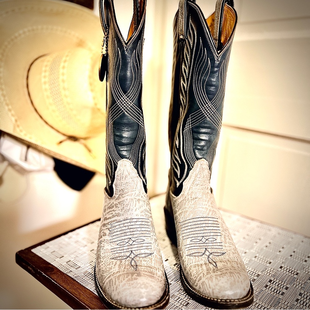 VTG Tony Lama Men's 13”5.5A,Gold Label Blue/grayLeather Cowboy Western Boots W:7 - Picture 5 of 14